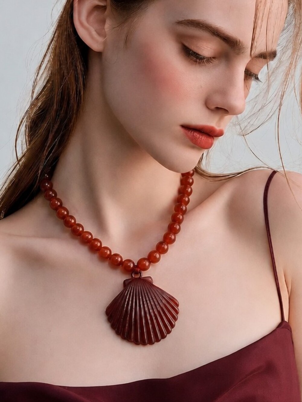 Mayamar Wine Red Agate Beaded Shell Necklace & Gift Bag